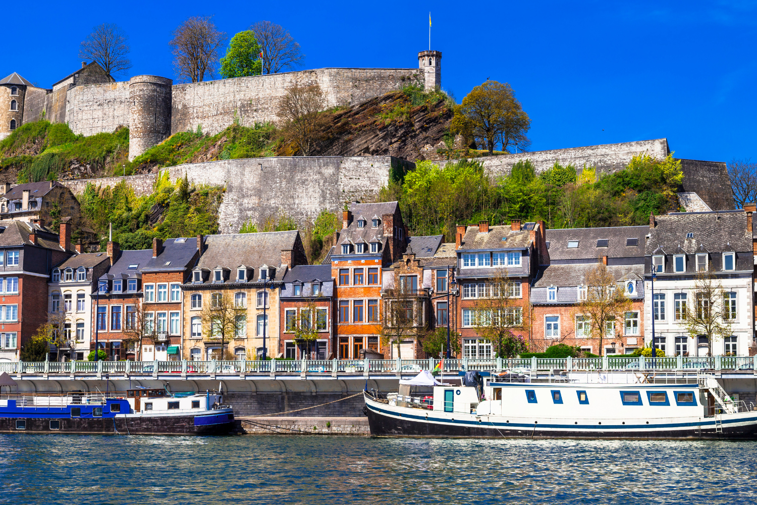 La ville de Namur avec les maisons, la Citadelle de Namur avec l'eau et les bateaux